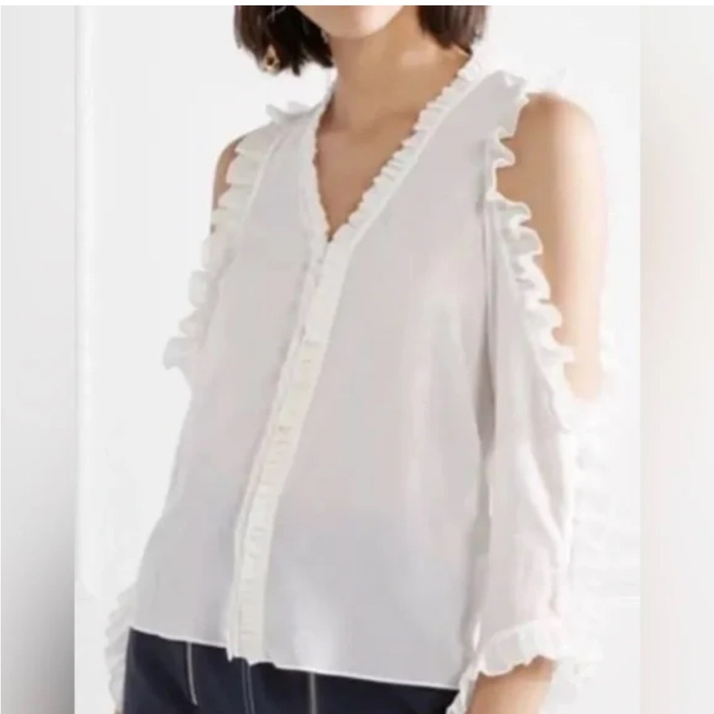 Alice + Olivia Cream Ruffle Cold Shoulder Blouse - Picture 3 of 16